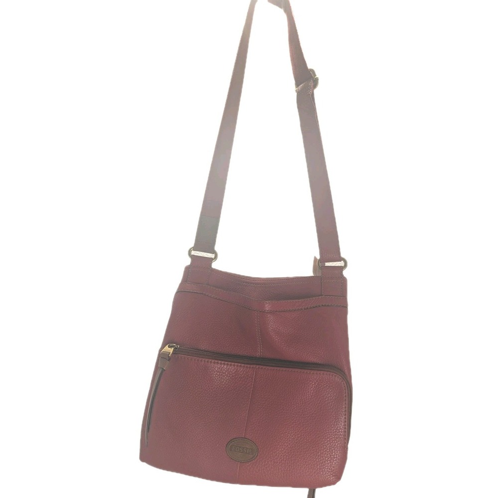 Fossil Red Leather Messenger Travel Handbag Pebbled  Multiple Pockets